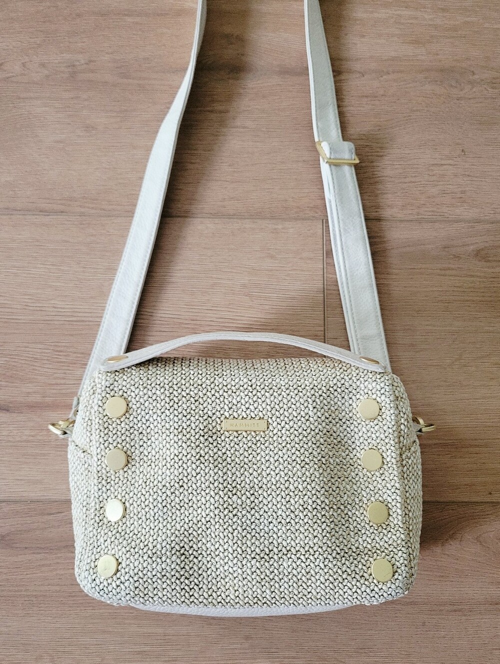 Hammitt Daniel Raffia Small Bag Crossbody Stone White Woven Gold Tan Leather - Picture 1 of 9